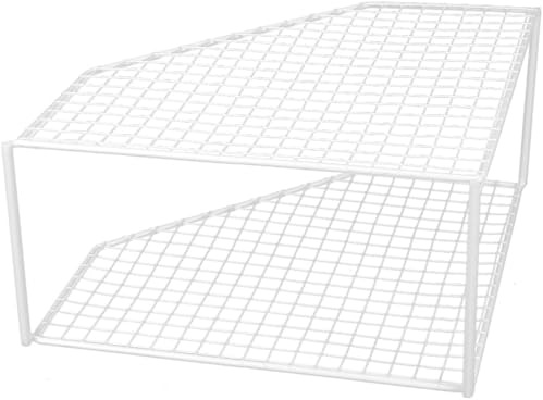 Healeved Mensola Angolare da Cucina a 2 Livelli in Ferro Bianco Organizer Multifunzione per Pentole e Padelle Supporto Compatto Salvaspazio per Riporre Utensili in Ambienti Interni