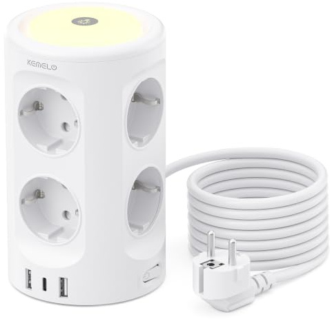 Multiprise avec Interrupteur 8 Prises avec veilleuse et USB C, Rallonge Electrique de 3M, Prise de Distribution, avec Protection Contre Les surtensions, Tour Multiprise pour Maison Blanc