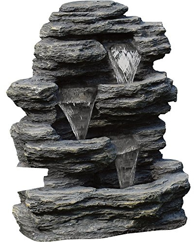 Outdoor Water Fountain With Cascading Waterfall, Natural Looking Stone and Soothing Sound for Decor on Lawn, Garden, and Patio By Pure Garden,Brown, 18.3x12.3
