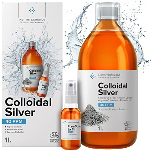 Argento Colloidale Premium 40 PPM | 1000 ml | Formula a concentrazione ottimale, particelle più piccole, risultati migliori | Certificato Ecocert Cosmos Natural | Flacone spray da riempire ed ebook