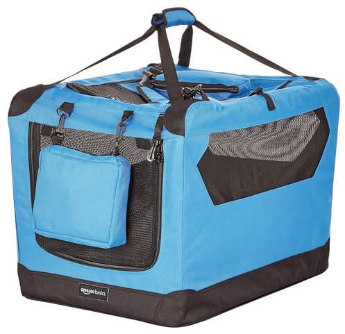 Amazon Basics Portable Soft Pet Dog Crate Carrier Kennel, Foldable, Washable, Up to 25 lbs, 26 x 18 x 18 inches, Blue
