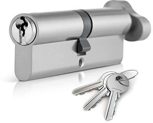 XFORT Cerradura de cilindro europeo 70mm, cerradura barril con 3 llaves, Antigolpe, antitaladro, antirrobo Doble Acabado Cromado (Pulido/Cromo satinado) Cilindro de giro de pulgar 35T/35