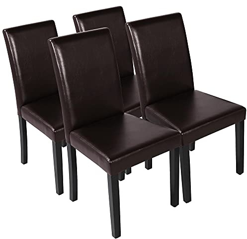Yaheetech Faux Leather Dining Room Chair Set of 4 High Back, Dark Brown | Upholstered Kitchen Chairs, 10.5cm Thick Seat Cushion Armless Side Chairs with Solid Wood Legs for Dining Room, Living Room