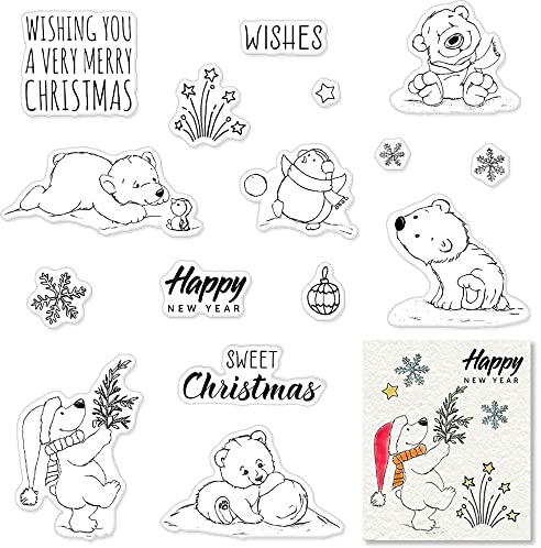 Christmas Happy New Year Clear Stamps for Card Making with Sentiments Words, Winter Bear Snowflake Flower Clear Rubber Stamp for Holiday Card Making Decoration and DIY Scrapbooking Album DIY Crafts