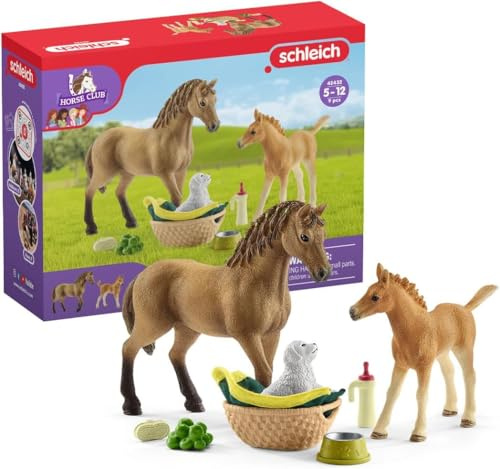 Schleich Horse Club | Horse Club Sarahs Tierbaby-Pflege 42432 | 9 Teile | Spielset ab 6 Jahren | Set mit Figuren, vielen Funktionen und zahlreichem Zubehör | detailgetreues Pferdespielzeug