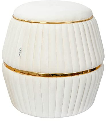 Qiyano Pouf Sitzhocker Hocker aus weichem Samtstoff in Zylinderform in Creme Beige mit Ziernähten und Kunstlederverzierung in Gold, Höhe ca. 52 cm, Durchmesser ca. 53 cm, Farbe: Beige
