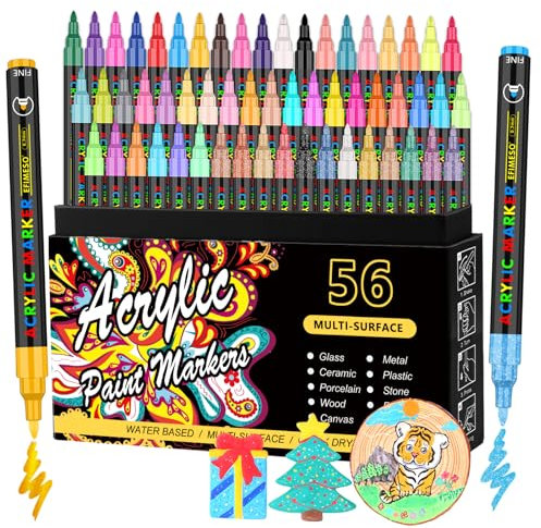 Efimeso Acrylstifte Satz Von 56 Für Felsen Malerei Keramik Stein Glas Holz Metall, Acrylstifte Für Steine Wasserfest 0,7Mm Extra Feine Spitze Wasserbasis Stifte