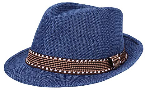 Kids Jazz Hat Panama Style Trilby Fedora Straw Sun Hat Short Brim Summer Sun Beach Cap for Boys Girls 3-5Years Navy Blue