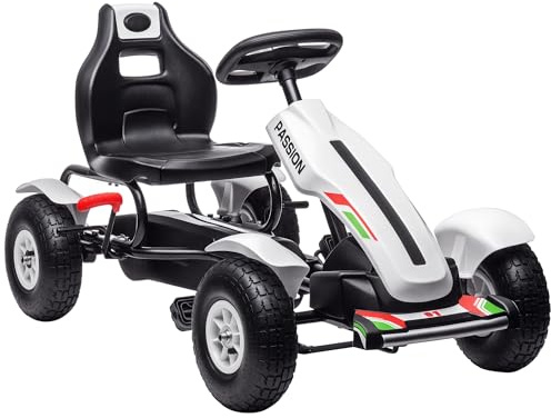 HOMCOM Pedal Go Kart, Kids Ride On Racer with Adjustable Seat, Inflatable Rubber Tyres, Handbrake for Ages 5-12 Years - White