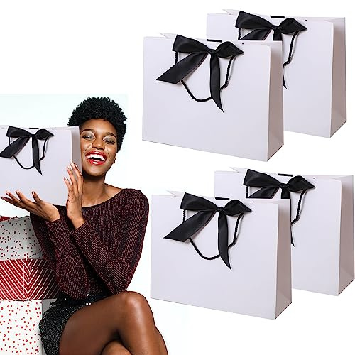 MUFEKUM Geschenktüten, 4 Stück Geschenktaschen mit Henkel und Schleifenbändern, Papiertüten Partytüten, Geschenktüte für Geburtstag Hochzeit Feier Party Baby Showers (weiß) | Papier-Geschenktüten Mittel, tragbare Partytüten, Geschenktüten für Geburtstag, Hochzeit, Festival, Feier, Babyparty