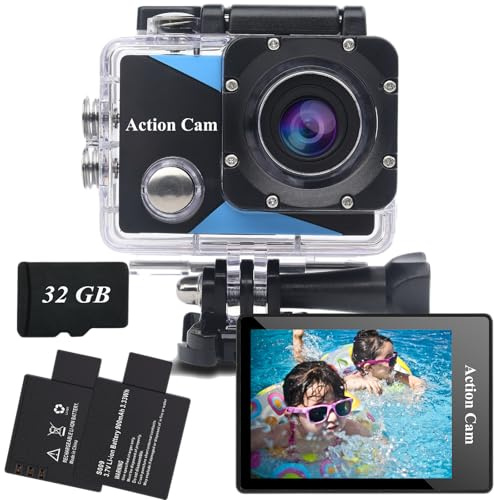 Nvgfelis Action Cam FHD 1080P, Unterwasserkamera wasserdicht bis 30M, Actionkamera mit 2¡Á900 mAh wiederaufladbare Akkus und Zubeh?r-Set 32GB
