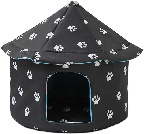 ALLSOPETS Katzenhaus Wasserdicht, Zusammenklappbarer Warmer Unterschlupf für Katzen im Freien/Innenraum mit Abnehmbarer Matte, Wetterfestes Haustierhaus für Hunde Katzen (Schwarze Pfote, L)