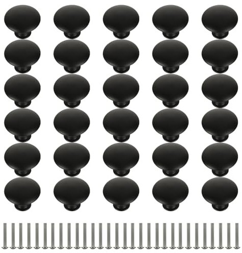 MUXHEL 30PCS Black Cabinet Door Knobs & 30mm Round Drawer Pulls for Kitchen, Cupboards, Wardrobes & Bathroom
