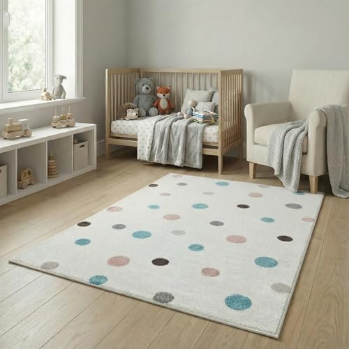 Jimri Kinderteppich DOTS l Pünktchen Gepunktet l Öko-Tex Siegel | Farbe: Beige Blau Rosa | Kinderzimmer/Jugendzimmer (Weiß, 80 x 150 cm)