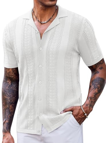 COOFANDY Mens Vintage Knit Button Down Shirts Short Sleeve Casual Camp Shirt Button Up Shirt White