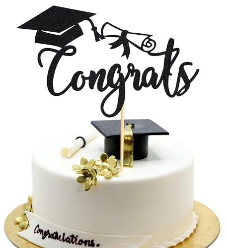 Arthsdite 1Pc Congrats Cake Topper - Congrats Grad Cake Decor - 2026 High School/ College/Senior Graduation Party Decorations Supplies - Black Glitter