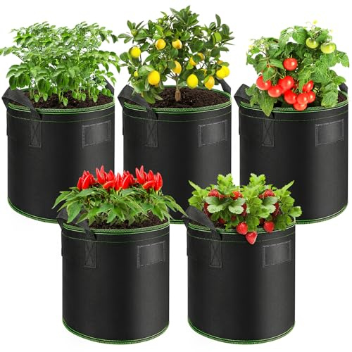 Enbagold 5 Gallon Grow Bags - 5 Pack, Non-Woven Fabric, Tomato Grow Bags with Handles, Front Tag Pocket, Great for Vegetables, Fruits, Flowers