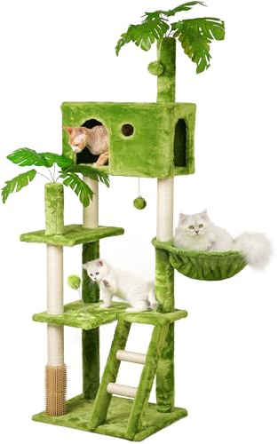 Meecal Katzenbaum mit Blättern für Indoor-Katzen, 165,1 cm hoch, grüner Katzenturm mit Kratzbaum, Hängematte, gemütliche Sitzstange, Schaukelball, Selbstpfleger und Katzenleiter, Katzenbaumturm