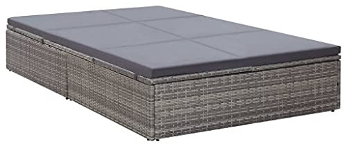 GaRcan Doppel-Sonnenliege mit Kissen, Polyrattan, Grau, Outdoor-Lounge-Bett, Gartenbett mit Baldachin, Outdoor-Tagesbett, für jedes Wetter, für Terrasse, Strand, Hof, Pool, beide Seiten i