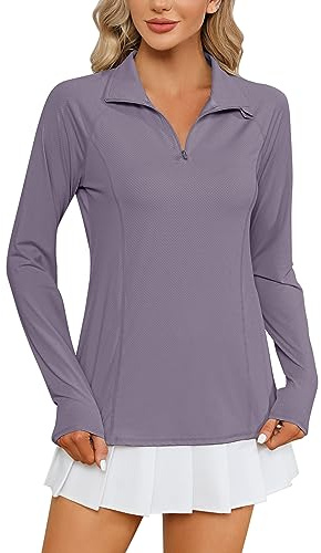 IECCP Damen Langarm UV Sonnenschutz Rash Guard Shirts UPF 50+ Golf Polo Kompression Schwimmshirt Top für Frauen mit Reißverschlusstaschen Hellviolett XL