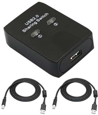 USB 2.0 Printer Sharer Switcher, USB Type B Adapter 2 in 1 Out 2 Devices Shared 1 Printer Scanner with Manual Switcher and LED Light (Including 2Pcs 4.9FT USB Printer Cables)