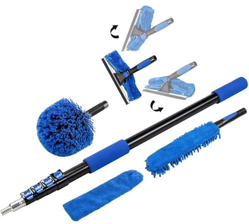 High Reach Duster Cleaning Kit, 12ft Extension Rod, 20ft Range, Cobweb Duster and Telescopic Handle, for Squeegee and High Window Scrubber Brush