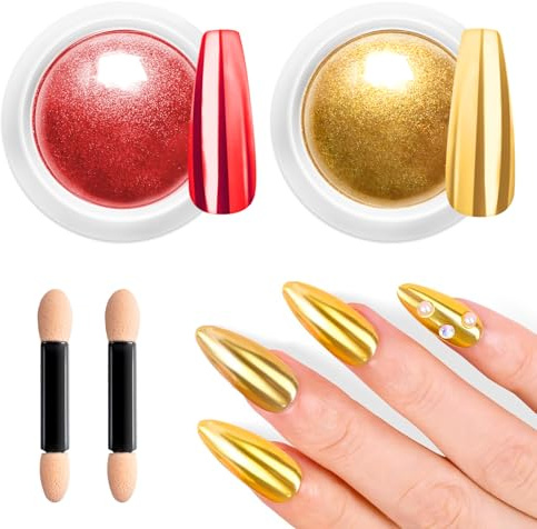 Gold Chrome Nail Powder BISHENGYF: Upgrade Rot Cromepulver Nägel, Spiegeleffekt Chromfarbener Nagelpuder Metallic Chrome Puder Pigmentpulver Nägel Glitzer Design DIY-Deko-Salon Nail Art Christmas Set