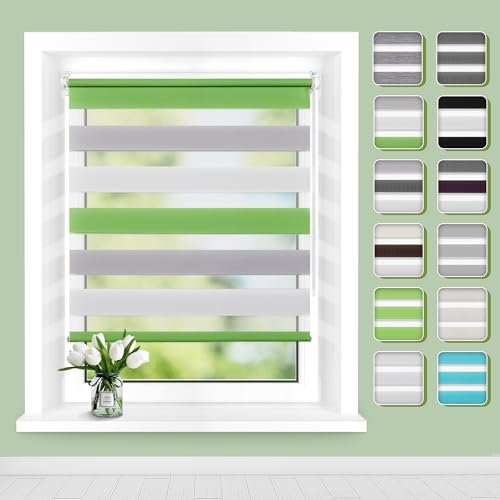 Doppelrollo Klemmfix ohne Bohren B100 x H120cm(Stoffbreite 96cm) Grün-grau-weiß, Rollos für Fenster ohne Bohren, Klemmrollos mit Lichtdurchlässig & Verdunkelnd, Seitenzugrollo Sonnenschutz Rollo