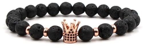 Wycian Herren Armband Metall, Armband Männer Krone Perlen Zirkonia Kristall Schwarzes Metalllegierung Krone 19cmx8mm Elastisch 1er Naturstein für Muttertag