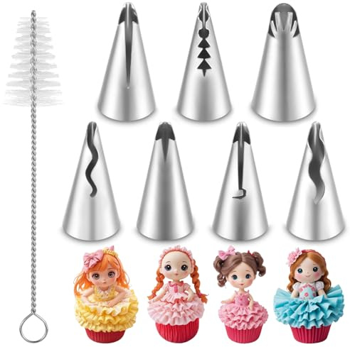 HJZHII 7PCS Pleated Skirt Piping Tips Set, Stainless Steel Cake Decorating Tips Nozzle Piping Set Frosting Icing Tips with Cleaning Brush for Pastry Fondant Cupcakes Cake Decorating