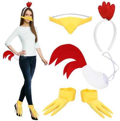 XEPST Juego de disfraz de gallo, diadema de pollo y cola con cinta para la cabeza, pico de pollo, patas de pollo para disfraz de animales, cosplay, Pascua, Halloween, Canival