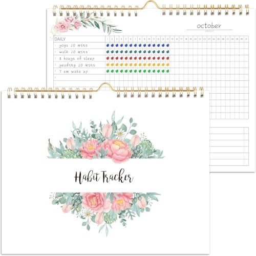 Habit Tracker Calendar, 12 månader utan datum, daglig, vecko- och månadsvis, dagbok för att spåra vanor, blommigt vegetabiliskt, spiralhäftad bindning med mål för att skriva
