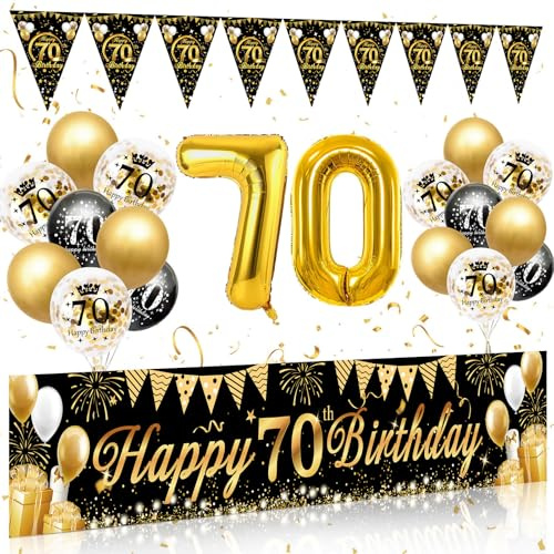 70. Geburtstag Mann Frau Deko Set, Schwarz Gold Luftballons 70 Geburtstag | Happy Birthday Banner, Girlande Wimpel, Deko 70. Geburtstags Hintergrund Ballons, komplette Party Deko für 70 Geburtstagsdeko