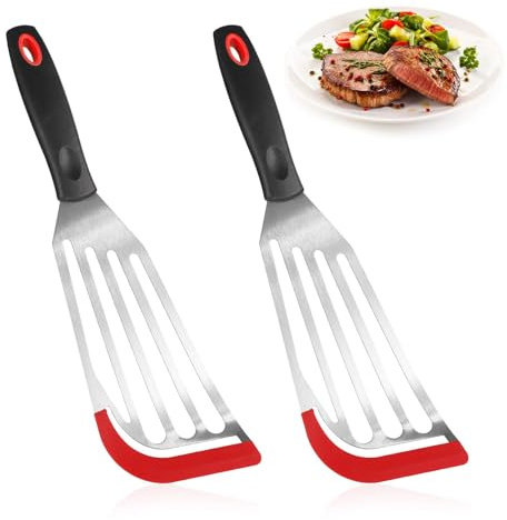 2 Pcs Fish Turner Spatula, Fish Flipping Spatula Set Heat-Resistant Silicone Edge Slotted, Stainless Steel Metal Spatula for Non-Stick Pans, Slice Spatulas for Fried Fish, Fried Egg, Pancakes