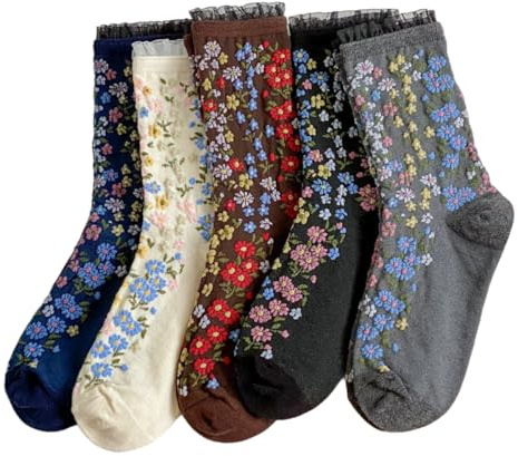 Vintage Style Embroidered Floral Socks for Women Girls with Lace Trims, Spring and Fall Cotton Crew Socks (5 Pairs-Set A)