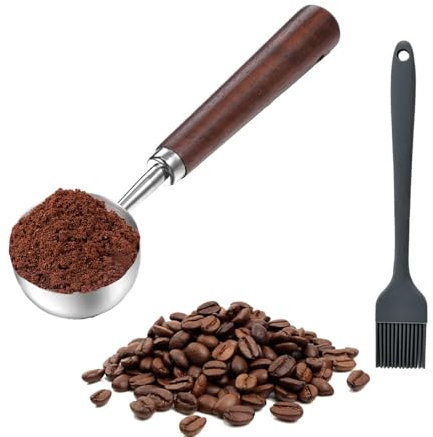 1 Stück 15ml Edelstahl-Kaffeelöffel mit Walnussgriff und 1 Stück Schwarze Reinigungsbürste, Kaffeelöffel Portionierer, Kaffeelot, Kaffee Löffel, Kaffeedosierlöffel.