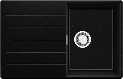 PRIMAGRAN Fregadero Cocina al Mueble 45cm + Kit de desagüe, 78x50cm | Set: Kit de desagüe (sifón, válvula, rebosadero) + Copenhague Top 1 Seno Granito, Negro Metallic