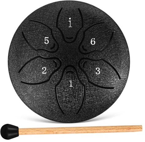 Ätherische Trommel 6 Töne 7, 6cm mit Tasche und Schlägeln | Schwarz, Stahl Titanlegierung und Holz, für Entspannung und Musiktherapie, für Therapeuten und Musiker