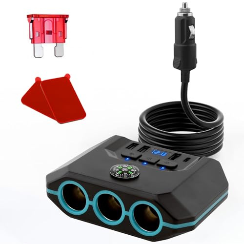 Leehitech Multiprise Allume Cigare 7 en 1 120W,3 Prises 12V/24V+3 USB+USB-C | Adaptateur Voiture avec Interrupteurs Indépendants,Écran LED Tension,Fusible 10A,Câble 1m