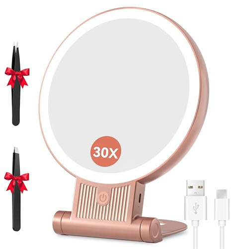 Auxmir Kosmetikspiegel mit Beleuchtung, 30X Doppelseitiger Schminkspiegel | 3 Lichtfarben, Stufenlos Dimmbar, 2000mAh USB Aufladbar, Tragbarer Handspiegel für Makeup Hautpflege Zuhause Reisen, Rosagold