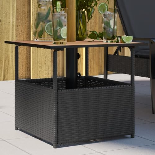 QJBSAVVA Tavolo Giardino con Foro Ombrellone Nero 55x55x46,5 cm Polyrattan Acciaio Legno Tavolino Esterno Basso per Terrazza Balcone Cortile