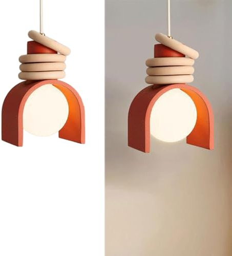 Modern Geometric Pendant Light, Terracotta Arch Wood Ring Hanging Lamp, Globe Ceiling Fixture, Unique Minimalist Design for Living Room, Bedroom, Dining Room, Nursery, Studio.(Orange)