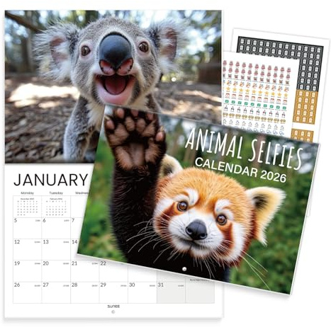 SUNEE Animal Selfie Calendar 2026 UK, 12 Months A4 Folded to A3 Wall Calendar, Month to View Family Planner with UK Holidays & Countdown, Ideal for Home, Office or Gift