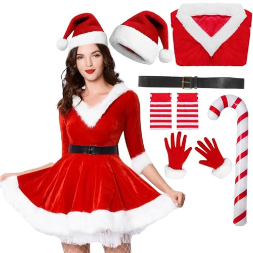 Moerstar Déguisement de Mère Noël pour Femme, Costume de Saint-Nicolas en Velours avec Ceinture, Chapeau, Gants, Chaussette, Robe de Mère Noël, Robe de Noël pour Femme pour la Fête de Noël (Rouge, M)