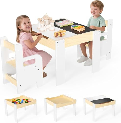 STYPLZ Set tavolo multifunzionale 4 in 1 per Bambini, Mesa y Silla para Leer, Comer, Jugar y Manualidades, fácil de Montar para niños pequeños de 1 a 3 años (2 sillas)