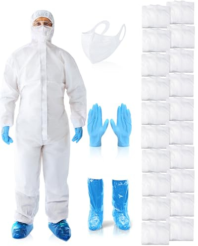 Shyyween 20 Sets Hazmat Suits Disposable Protective Paint Coverall Suit with Hood Shoe Cover Nitrile Glove Mask Wrist Ankles(L)