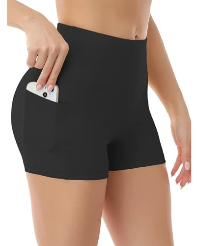InfiniZer Women's High Waisted Hot Pants with Pockets, Stretchy Mini Shorts for Yoga Gym Cycling Sports Running Workout (UK, Alpha, S, Regular, Regular, Black)
