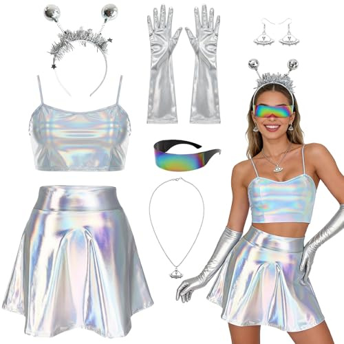 7 Stück Alien Kostüm Damen, Faschingskostüme Damen mit Alien Haarreif Sexy Oberteil Glitzer Rock Brille Lange Handschuhe UFO Ohrringe Halskette, Karneval Kostüm Alien Accessoires Space Cosplay Party