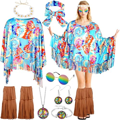 ChromLives Hippie kostym dam 9 delar kostym 70-tal kvinnor hippie kläder set pannband örhängen, klänning, väst, strumpor, bootöverdrag, hippie outfit för halloween kostymer