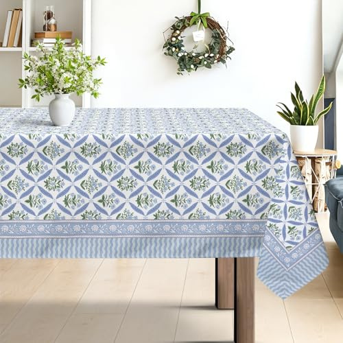 hometrixx Block Print Floral Washable Rectangle Table Cloth Blue 60x84inch